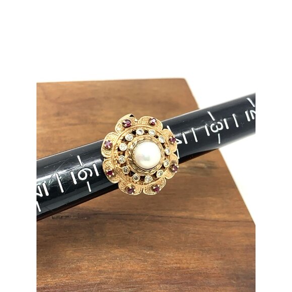Pearl Ruby Diamond Women's Cocktail Ring 14k Yellow Gold Vintage Estate Size 5.5 - Picture 8 of 14